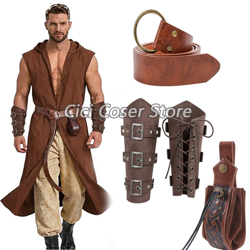 Costumes - Mittelalterliches PU-Leder-Gürtel-Set mit Armschienen und Hüfttasche,