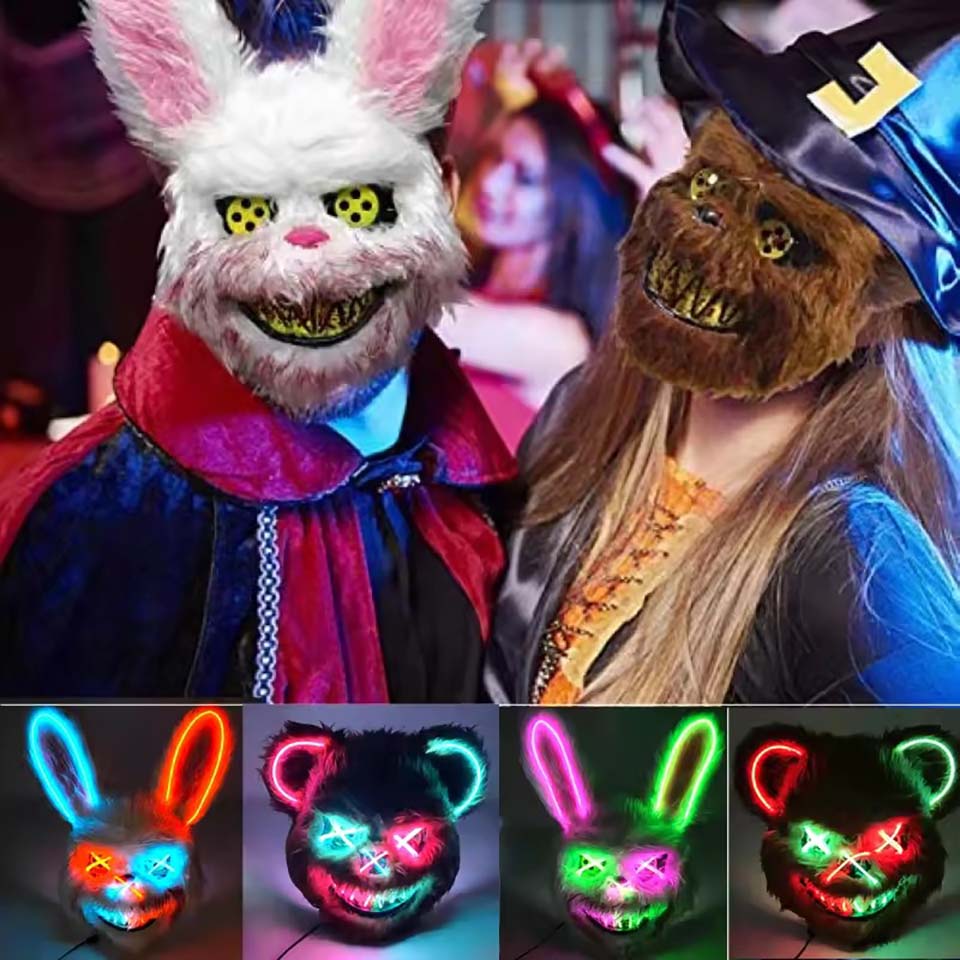 Led Purge Mask Halloween - LED Blutige Hasenmaske Leuchtende Killer-Schwarzbärenmaske Halloween-Tanzparty